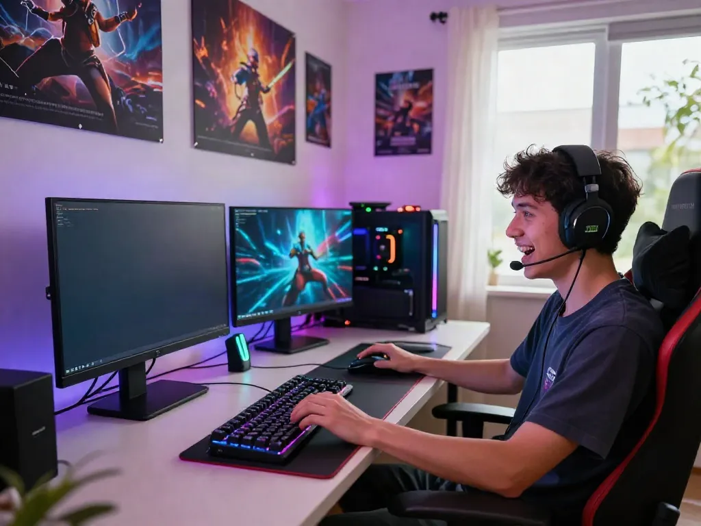 Player enjoying a vibrant gaming experience at https://ku88v1.com/ with colorful LED setup and immersive gameplay.