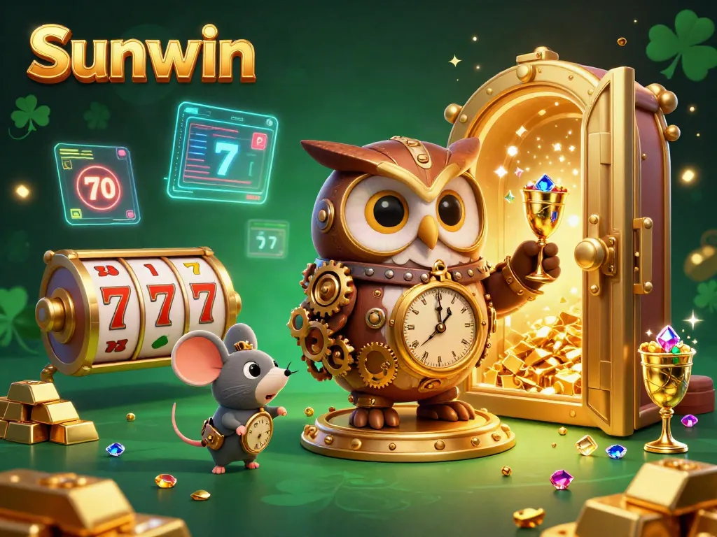 Celebrate Sunwin's exciting world with a vibrant 3D casino illustration featuring whimsical characters and rich gaming elements.