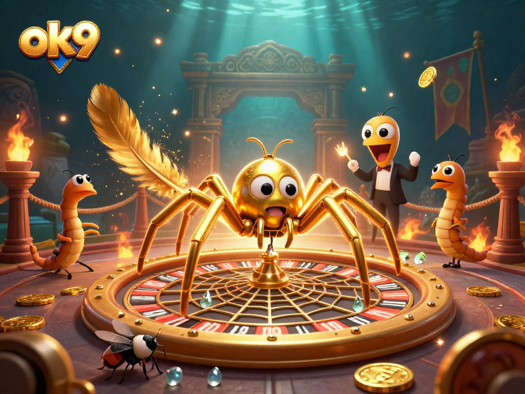 Bet on ok9 with the golden spider spinning a roulette web, amidst dynamic casino elements.