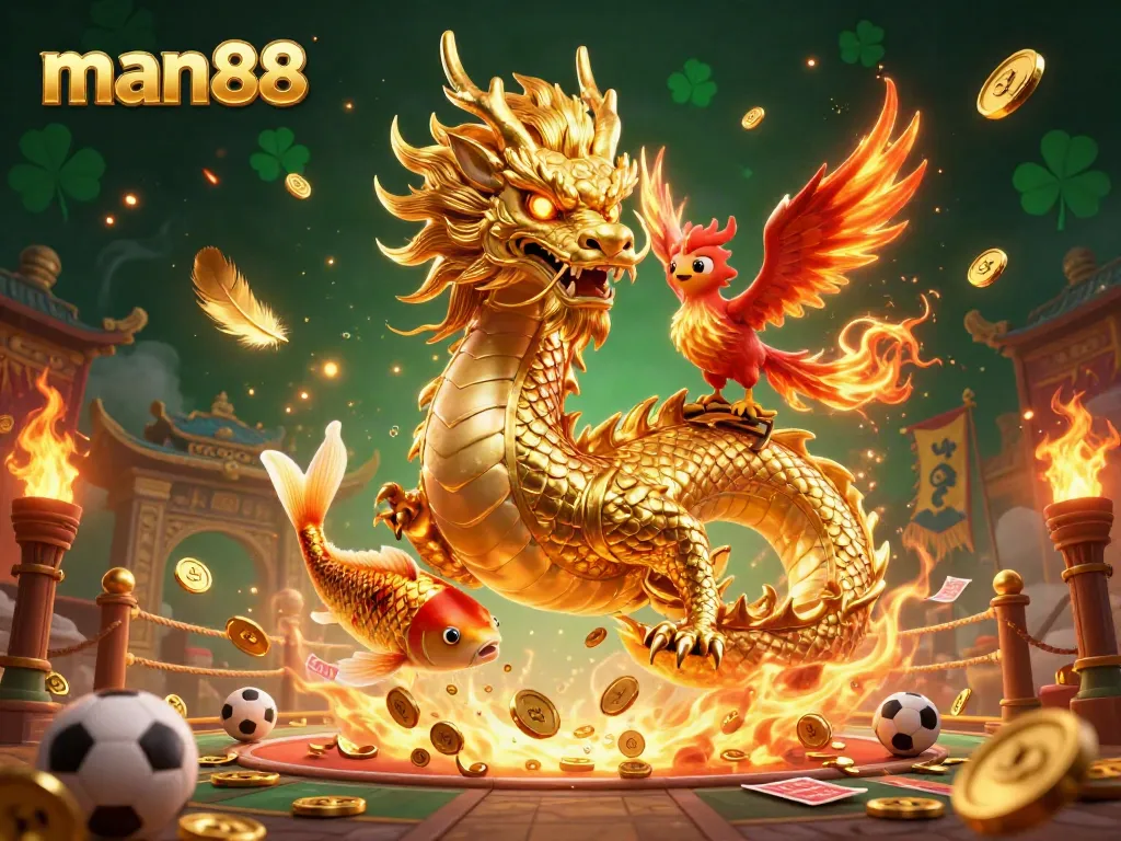 Experience thrilling gameplay at man88 with a vibrant dragon and phoenix amidst sports betting elements