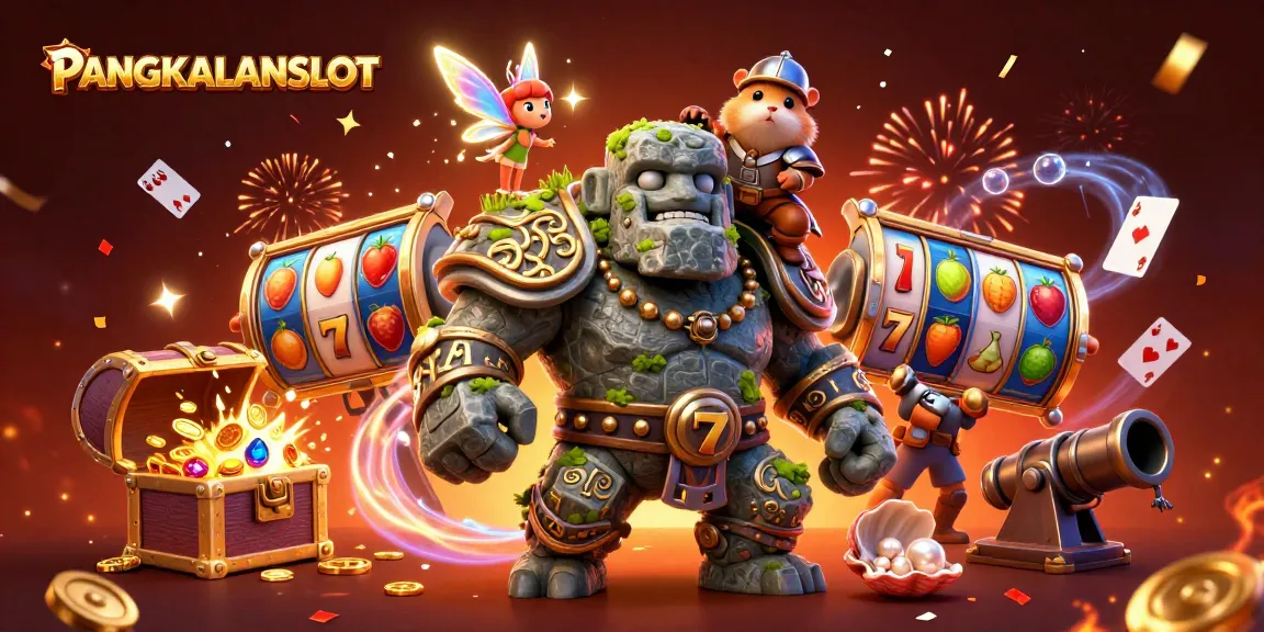 PANGKALANSLOT engages players with vibrant slot reels and magical characters in a dynamic casino scene.