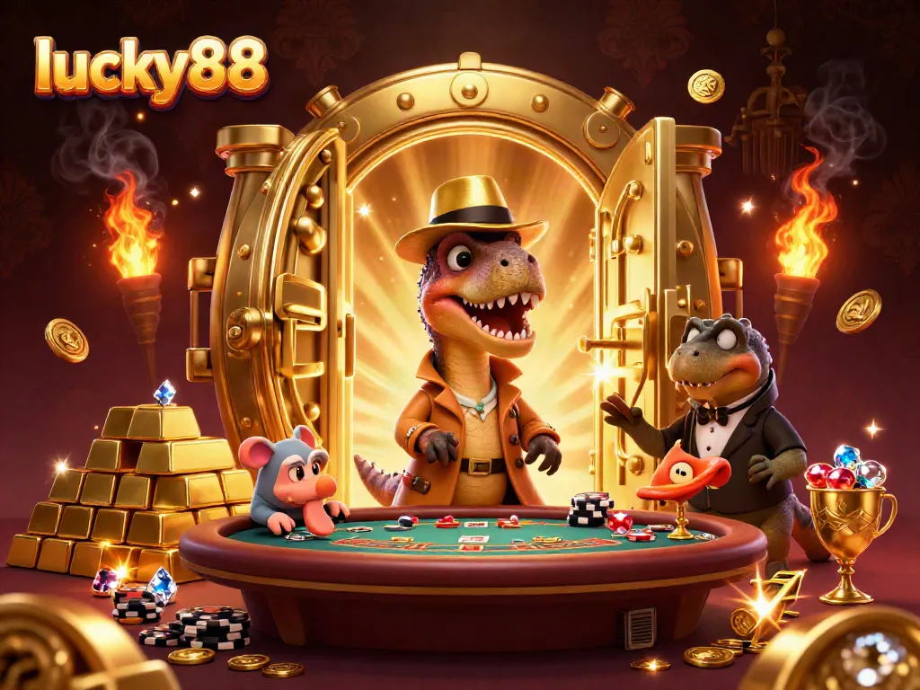 Experience the excitement of lucky88 with a velociraptor card counter, surrounded by riches at a blackjack table.