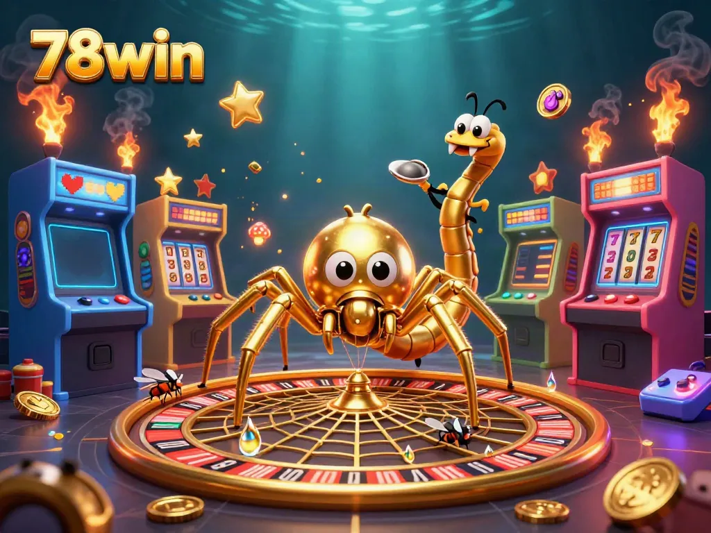 78win features a golden spider at a roulette wheel with a fly placing bets, illustrating casino themes.