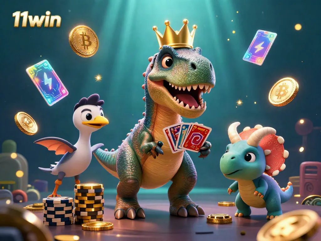 Experience 11win's vibrant casino with a friendly T-Rex shuffling cards and a pterodactyl assistant in a colorful scene.
