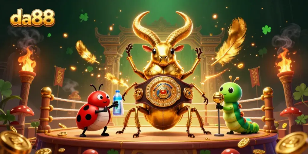 da88 captures excitement with a 3D illustration of a golden beetle in the boxing ring.