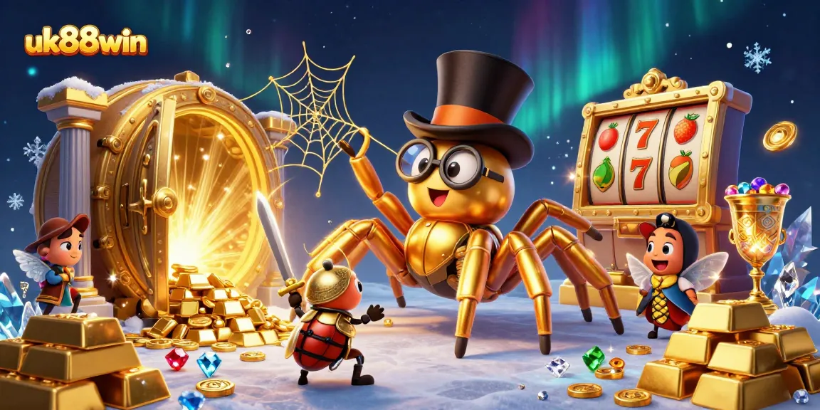 uk88win showcases a captivating casino scene with a golden tarantula and beetle knight amidst treasures