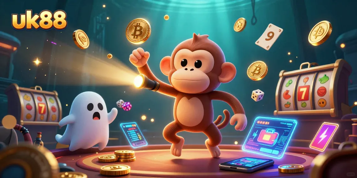 Engage with uk88's immersive haunted casino scene featuring crypto coins and slot reel dynamics.