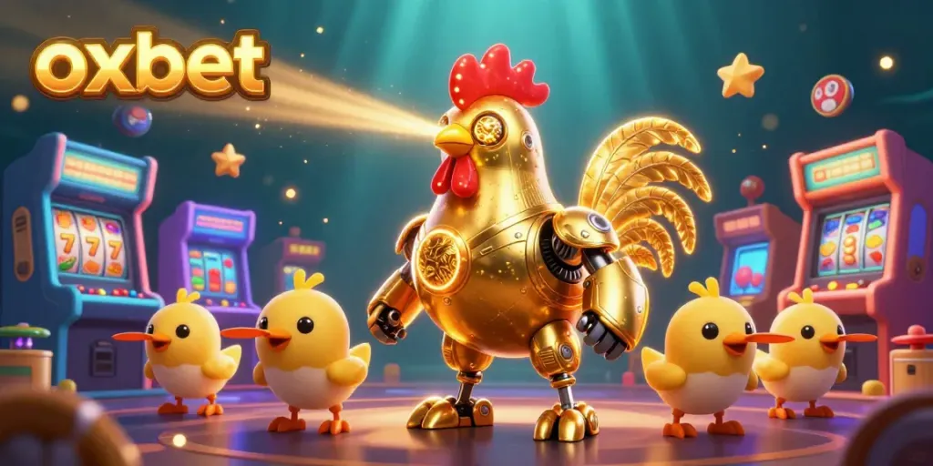 Engage with the exciting world of oxbet as a golden robot shoots lasers amidst vibrant casino elements.
