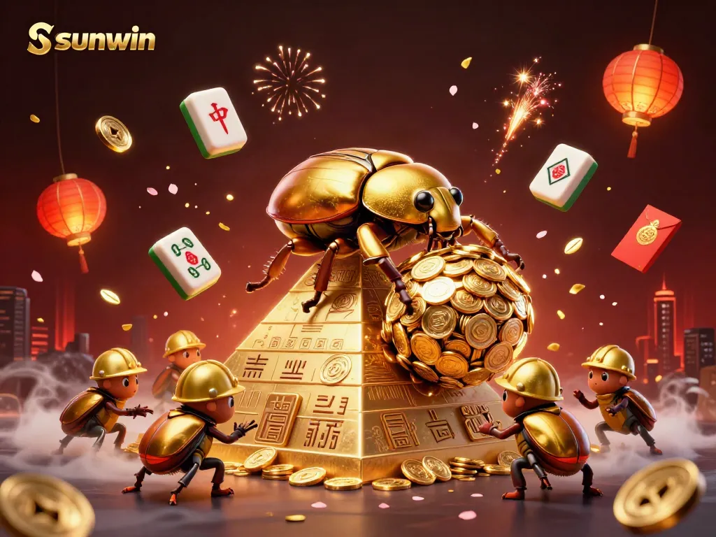 Experience sunwin's thrilling gaming atmosphere with a vibrant illustration of golden beetles and casino symbols.
