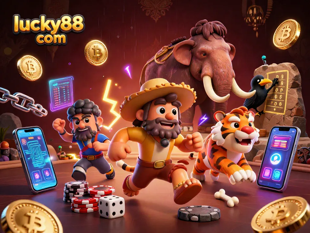 Experience thrilling gameplay at lucky88 com with animated cavemen and neon crypto coins.