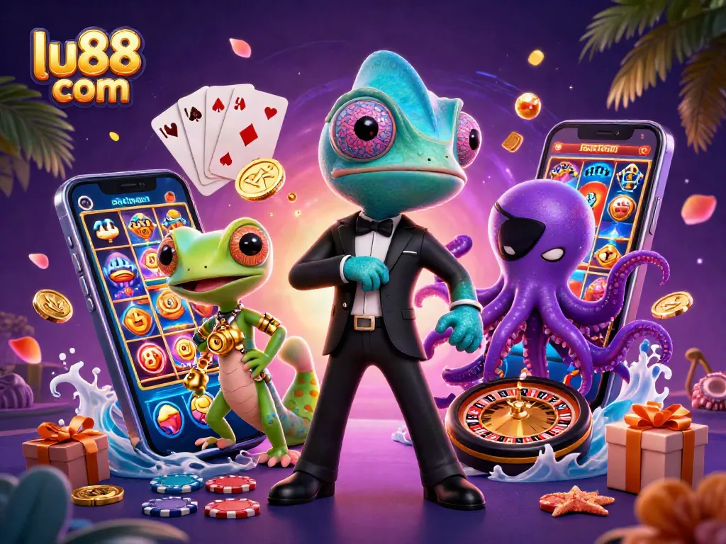Engage with the thrilling world of lu88 com's casino games with vibrant illustrations of chameleon agents and golden treasures.