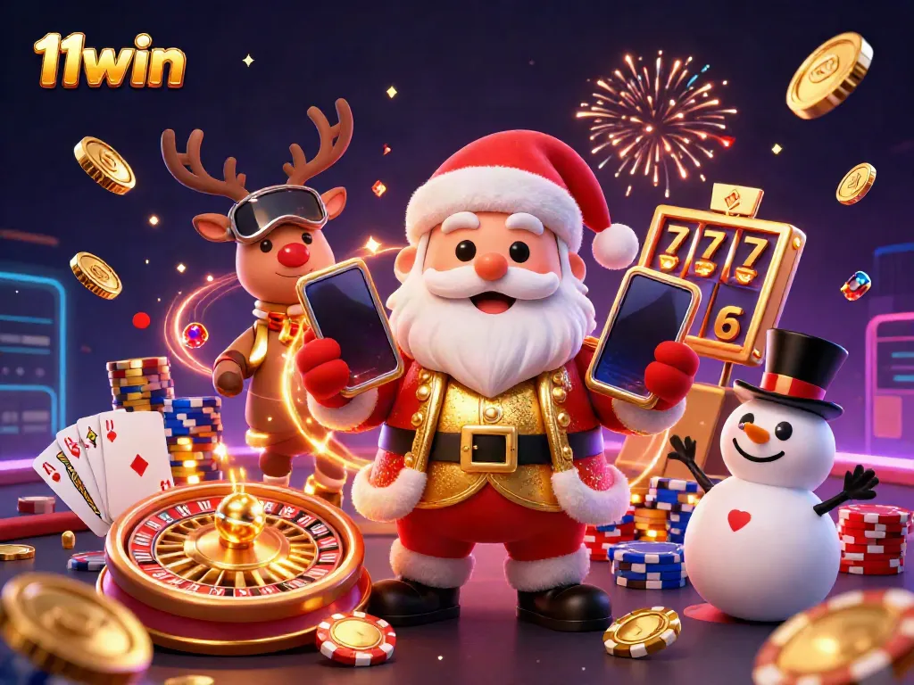 11win showcases a vibrant casino scene with Santa, reindeer, and snowman celebrating big wins.