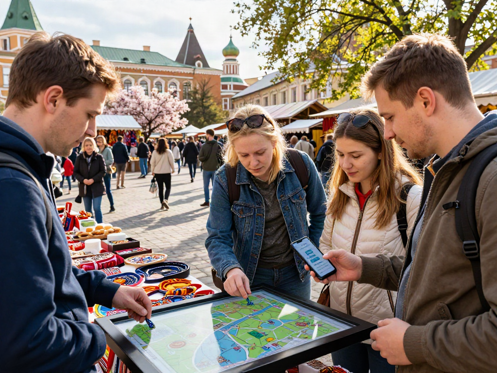 https://payinrussia.com/ ile Rus pazarında geleneksel el sanatları ve yiyecekler alan turistler, dijital harita etrafında toplanmış.