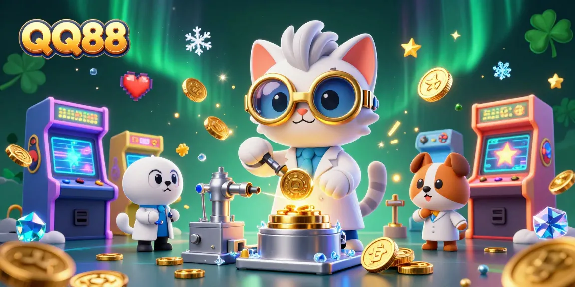 Engage with QQ88's innovative casino experience featuring dynamic characters in an electrifying lab setting.
