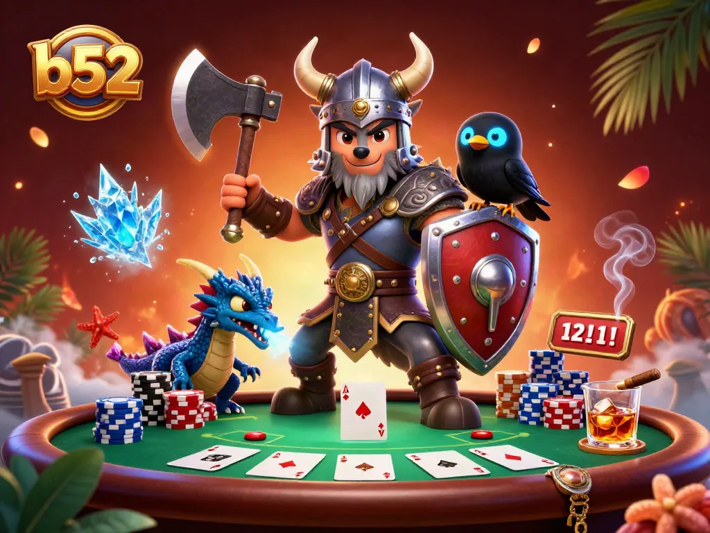 B52 gambling scene featuring a Viking wolf warrior and dragon with poker elements, emphasizing thrilling gameplay.