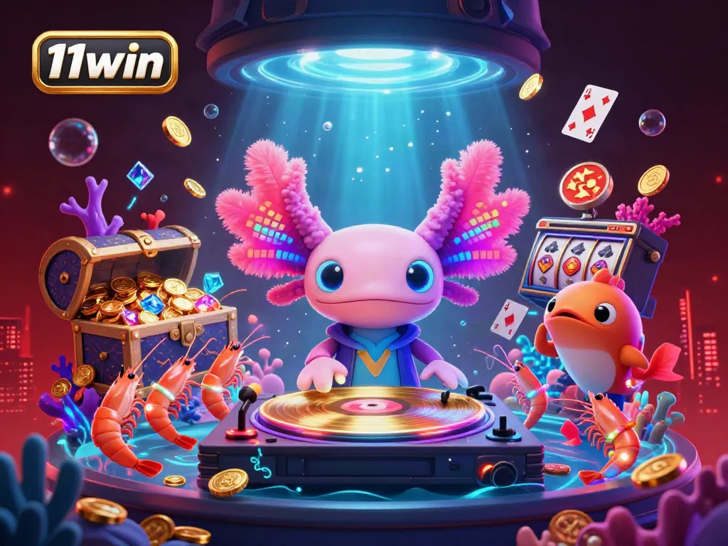 Immerse in 11win's vibrant underwater casino world featuring axolotl DJ, colorful shrimp dancers, and sparkling treasures.