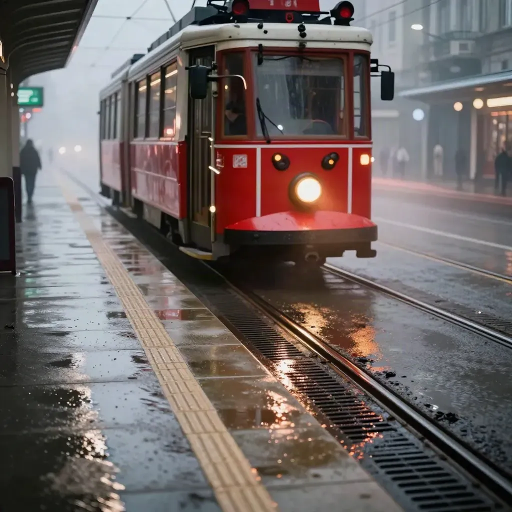 Gece yağmurunda platformdan ayrılan kırmızı tramvay, raylarda ışık izi bırakıyor.