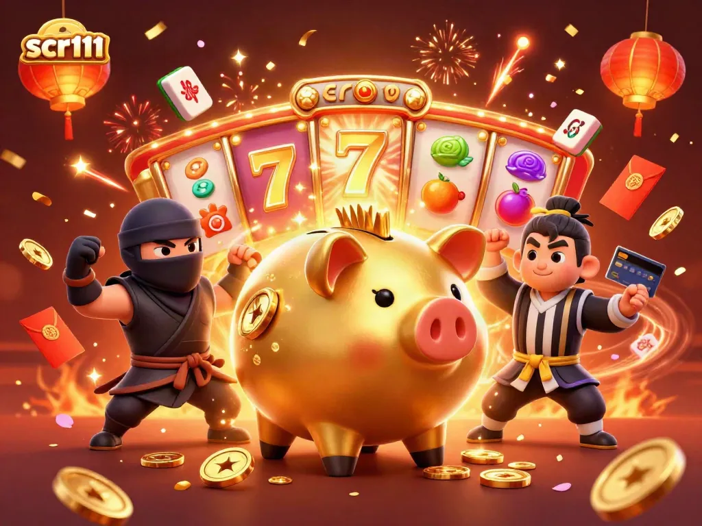 Experience the excitement at scr111 with a vibrant 3D illustration showcasing a dynamic casino scene.