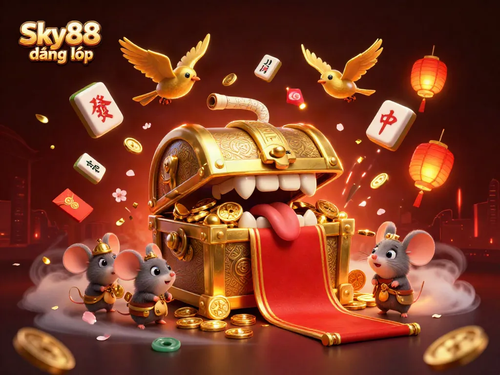 Experience the excitement of Sky88 đăng nhập with a dynamic casino treasure hunt illustration bursting with action.