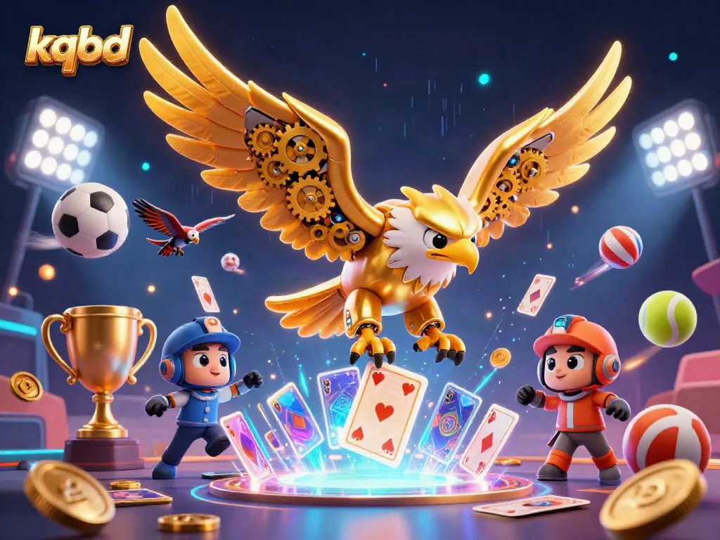 Experience kqbd as the golden eagle dives through holographic cards surrounded by sports elements.
