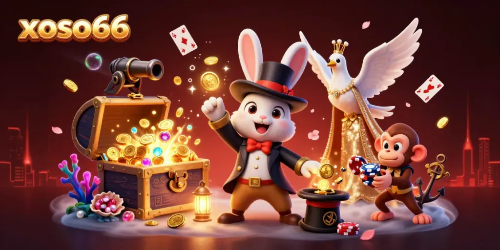 Engage with xoso66's dynamic casino world featuring a magician rabbit, glamorous dove, and a monkey stealing poker chips.