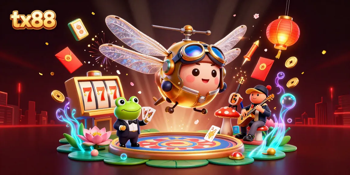 Experience exciting casino action with tx88 at a vibrant lily pad scene featuring a dragonfly pilot.