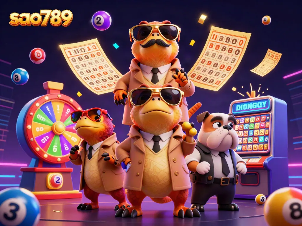 Sao789 raptors enter a VIP lounge in a vibrant casino scene filled with lottery elements.