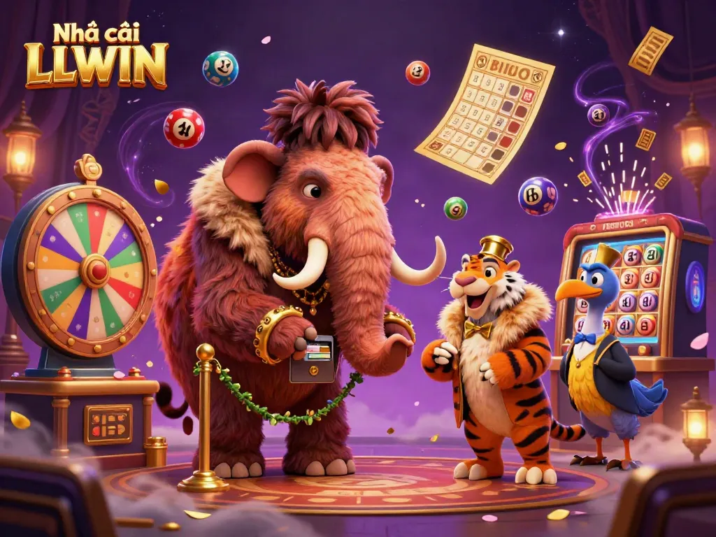 Experience the vibrant thrill of Nhà cái LLWIN with a lively casino scene featuring a bouncer mammoth and a saber-tooth tiger.