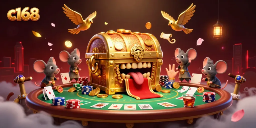 Engaging scene with characters representing c168 in a vibrant casino atmosphere filled with poker elements and treasure.