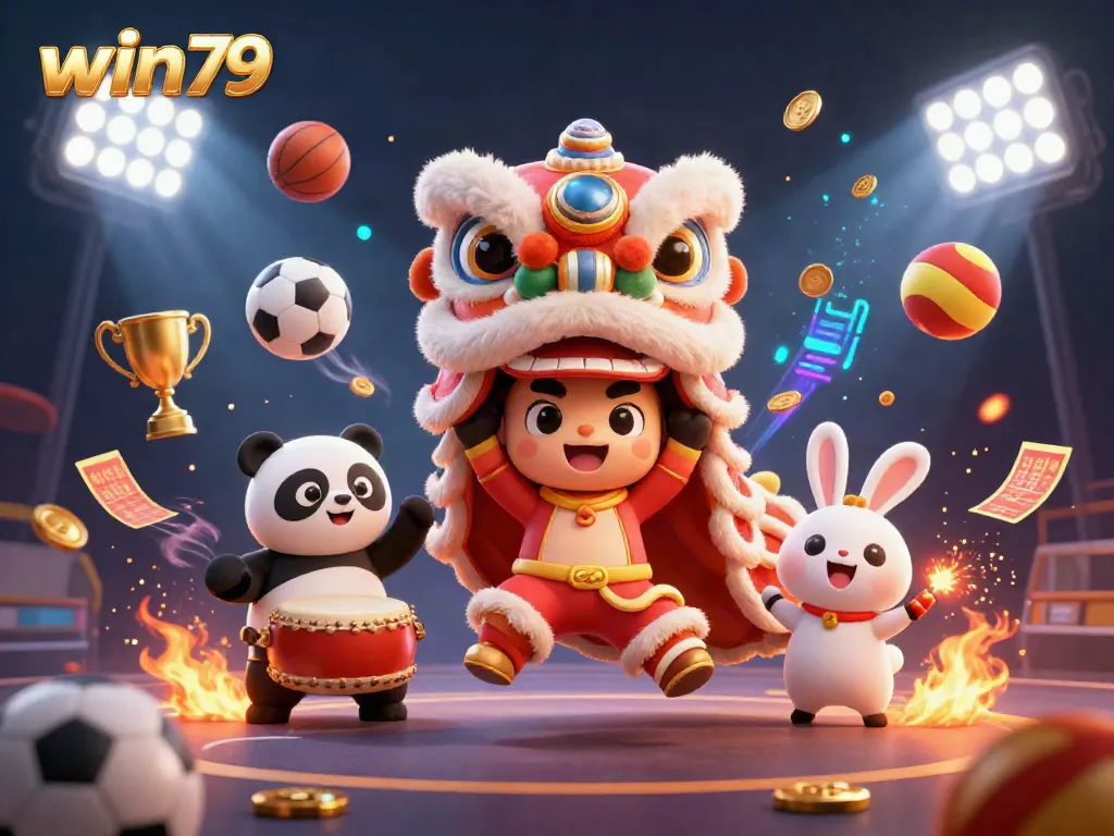 Experience the thrill of sports betting with win79's dynamic scene featuring a colorful lion dance and lively sports elements.