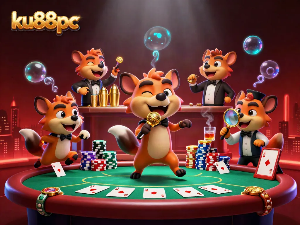 Experience the lively atmosphere at ku88pc's comedy casino with hyenas entertaining guests in a vivid 3D scene.