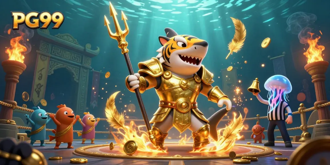 Experience thrilling action at PG99 with an underwater gladiatorial showdown featuring a shark warrior.
