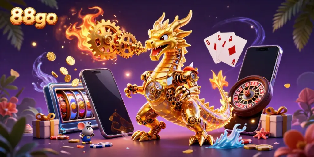Experience the thrilling world of 88go with vibrant slot games, golden coins, and a whimsical dragon!