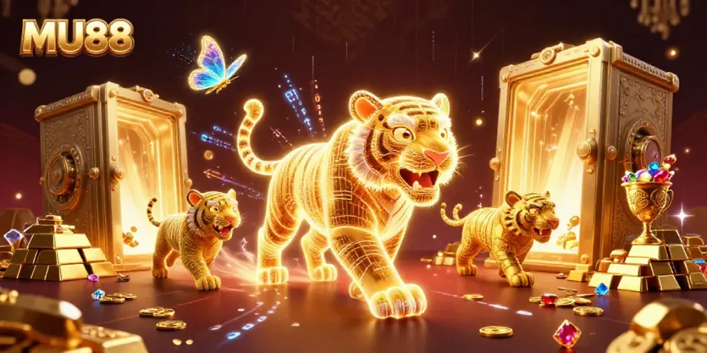 Experience the excitement of MU88 Casino with golden treasures and vibrant 3D visuals in a digital landscape.