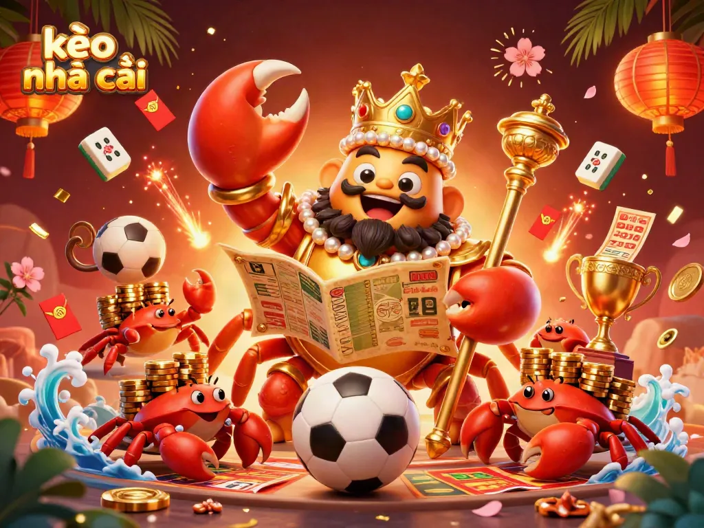 Engage in thrilling kèo nhà cái betting excitement with a cartoon golden crab emperor amidst vibrant sports elements.