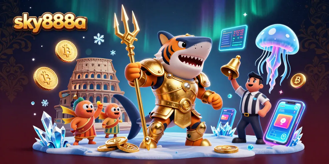 Experience thrilling gaming at sky888a with an engaging underwater casino scene featuring a shark in gladiator armor.
