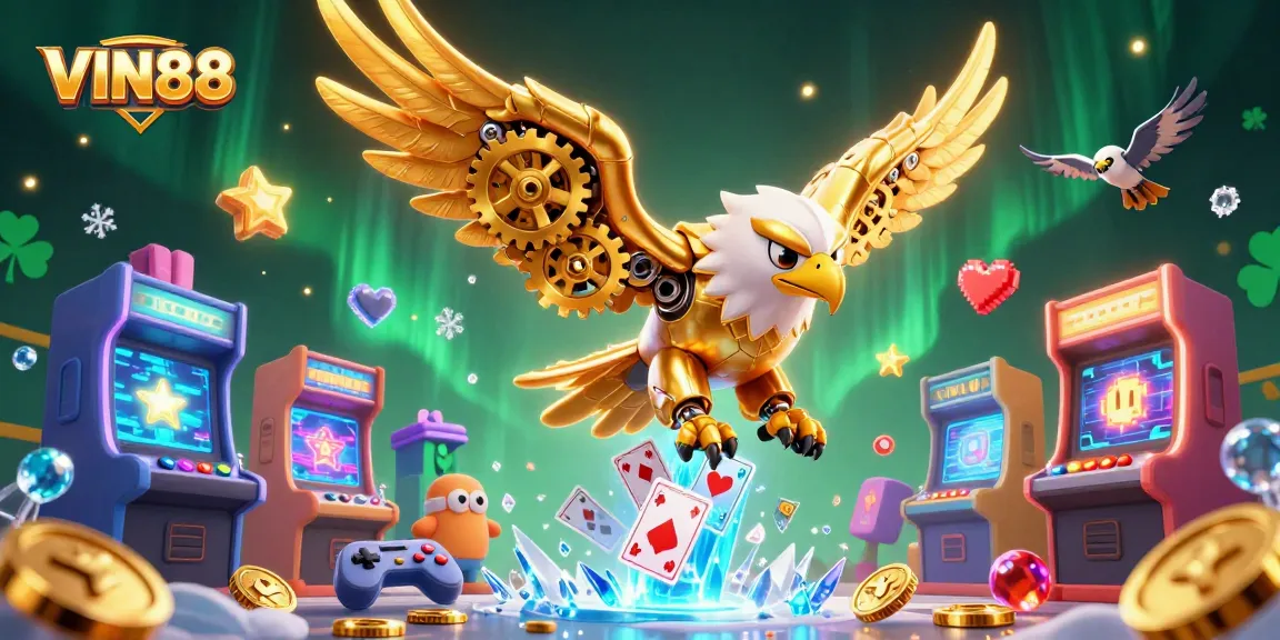Experience the thrilling action at VIN88 with a cybernetic eagle soaring among playful cards and casino elements.