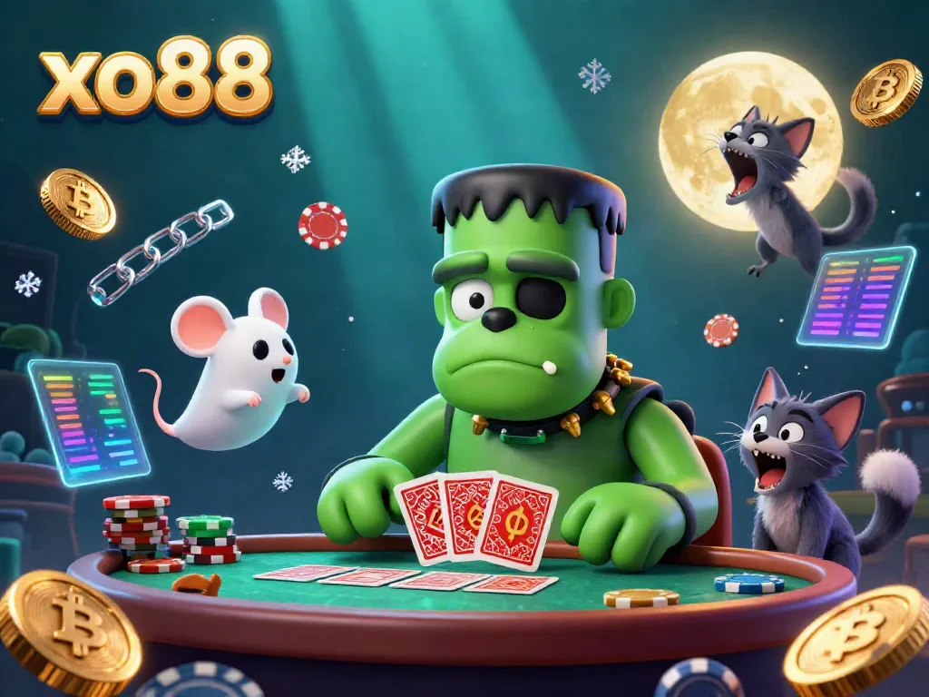 Experience thrilling casino moments with the xo88 cartoon characters dealing cards at a green-lit table.