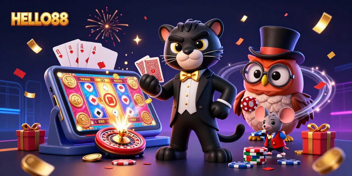 HELLO88's stylish panther dealing cards among festive casino elements, capturing the thrill of gaming.