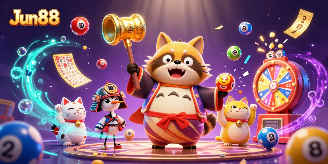 Experience big wins at Jun88 with colorful lottery balls and festive characters in this dynamic casino scene.