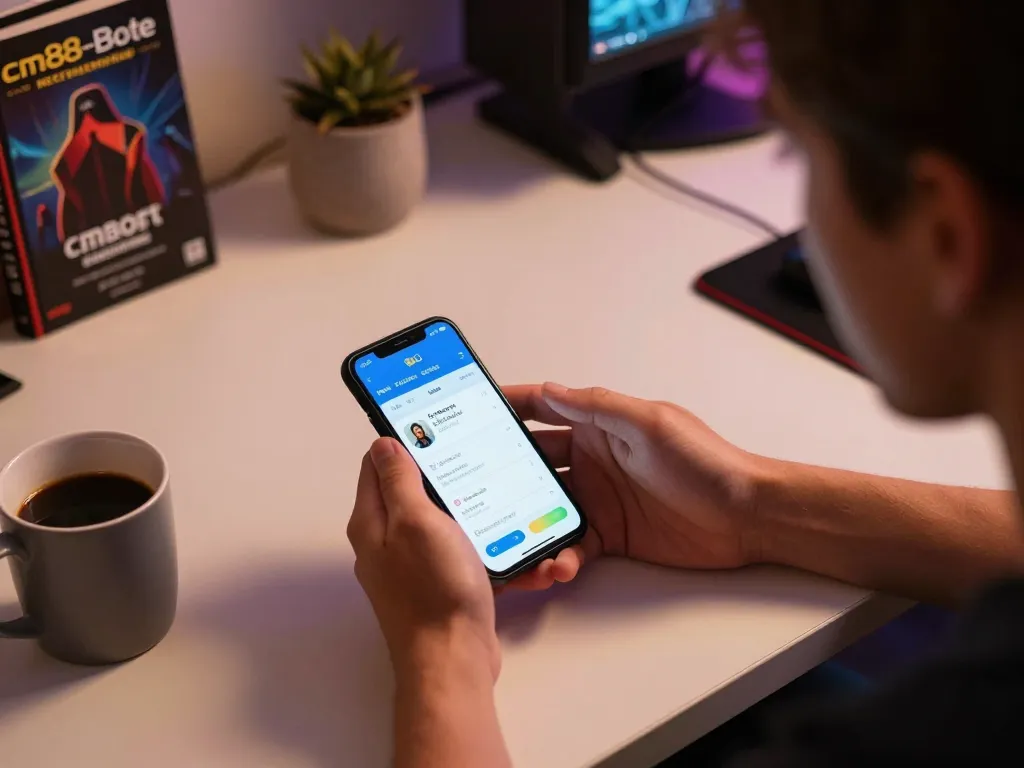 Player enjoying mobile gaming on cm88-bet app, focused on strategy while sipping coffee.