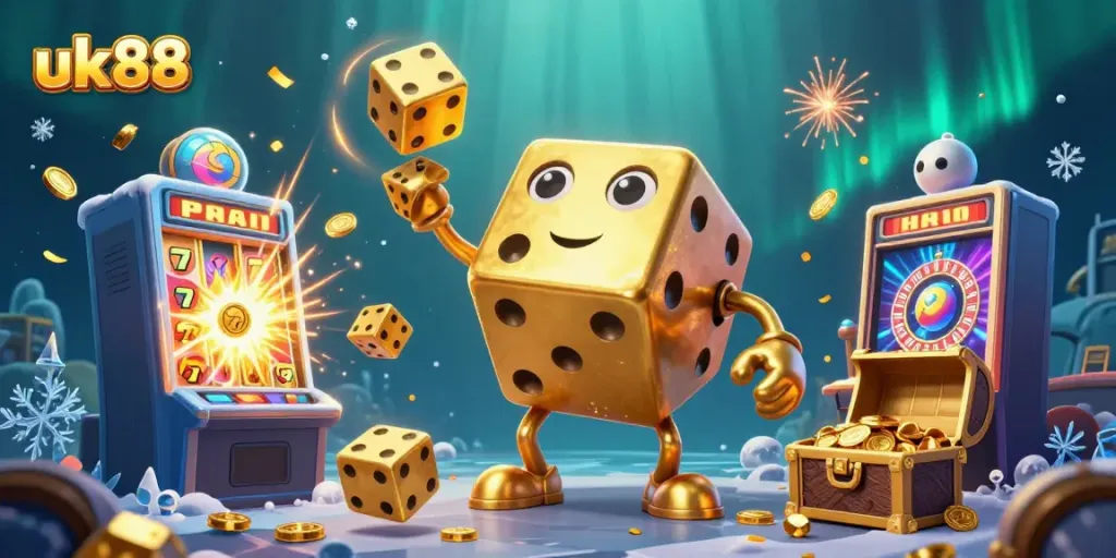 Engage with the exciting world of uk88 in this dynamic casino scene featuring a golden dice golem and slot machine.