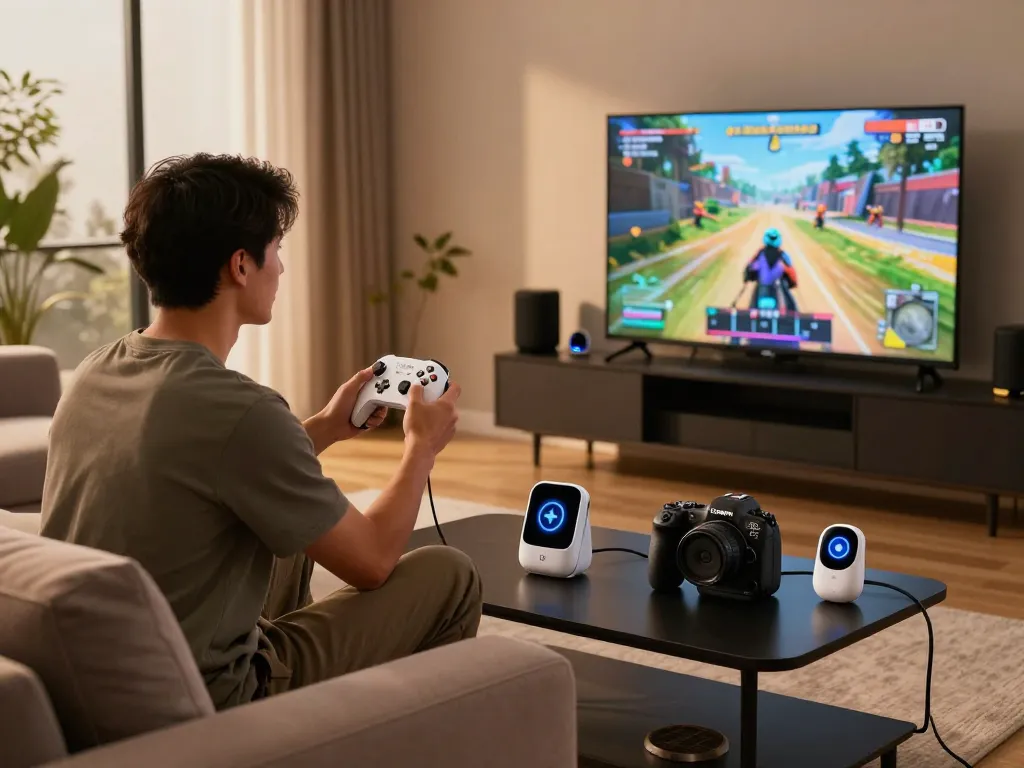 Showcasing the best tech gadgets for men in a stylish living room, featuring gaming and Bluetooth devices.