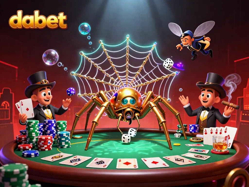 Dabet showcases an immersive 3D casino scene with a golden spider and poker elements.