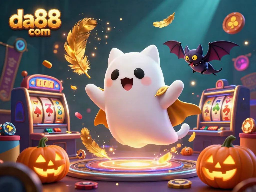 Engage with vibrant casino fun at da88 com featuring a ghost cat, bat, and glowing jack-o-lanterns.