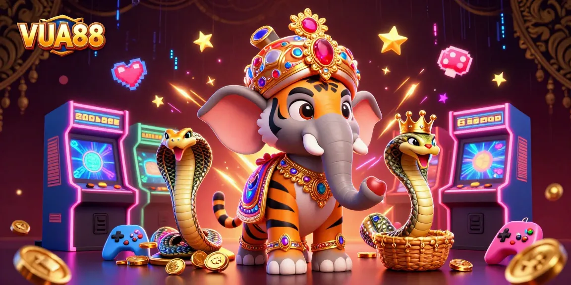 VUA88 players enjoying a vibrant game scene with a jewel-encrusted elephant and colorful arcade machines.