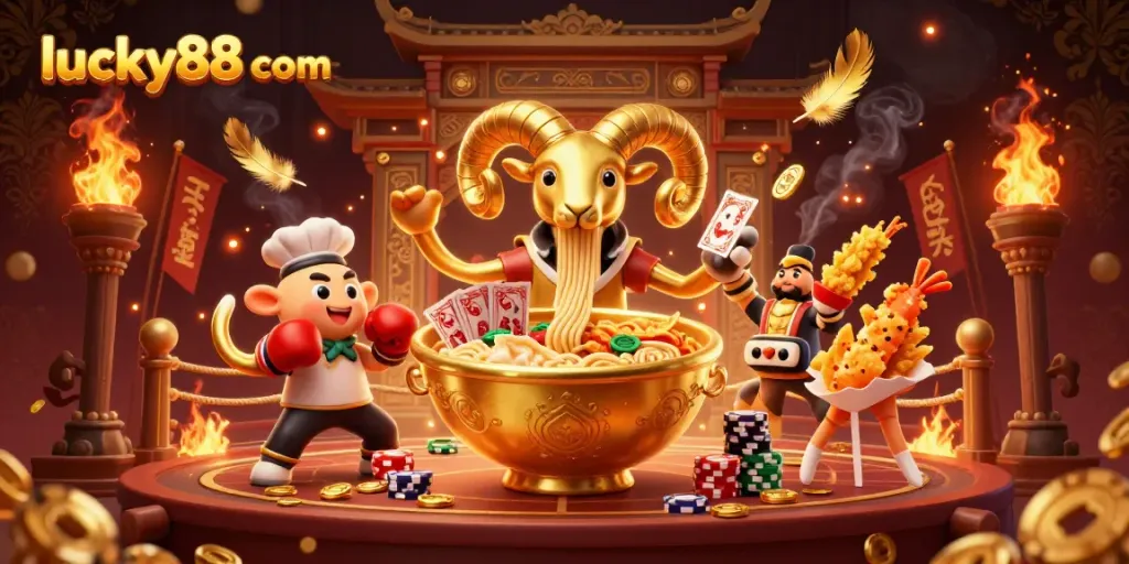 Experience thrilling wins on lucky88 com with an exciting illustration of a cartoon casino atmosphere.