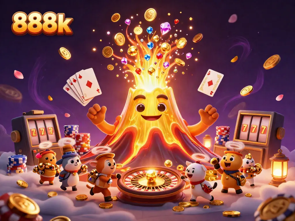 Experience thrilling wins at 888k with a vibrant scene of treasures and casino excitement.
