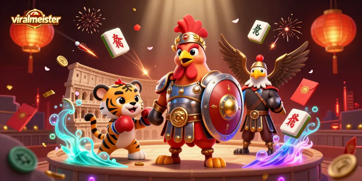 Engage with viralmeister to win big in an epic 3D casino showdown featuring a gladiator rooster and a tiger cub.