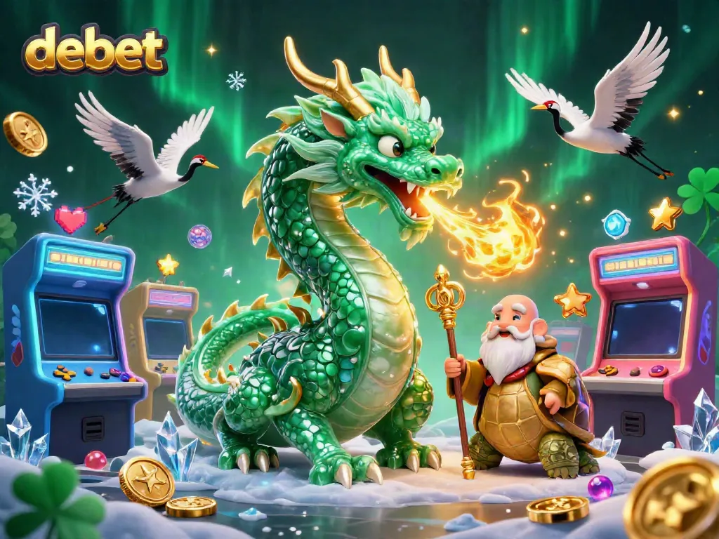 Engage in the thrilling world of debet with a magical dragon, turtle sage, and lucky cranes, amidst vibrant gaming elements.